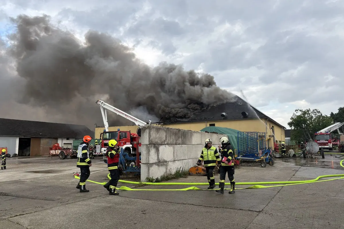 Mehrere Feuerwehrleute in Schutzkleidung stehen vor einem Gebäude, aus dessen Dach dichter Rauch aufsteigt. Feuerwehrautos sind ebenfalls vor Ort.