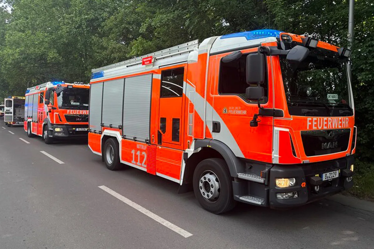 Rote Feuerwehrfahrzeuge von MAN stehen hintereinander am Straßenrand. Im Hintergrund ist dichter Baumbewuchs sichtbar.