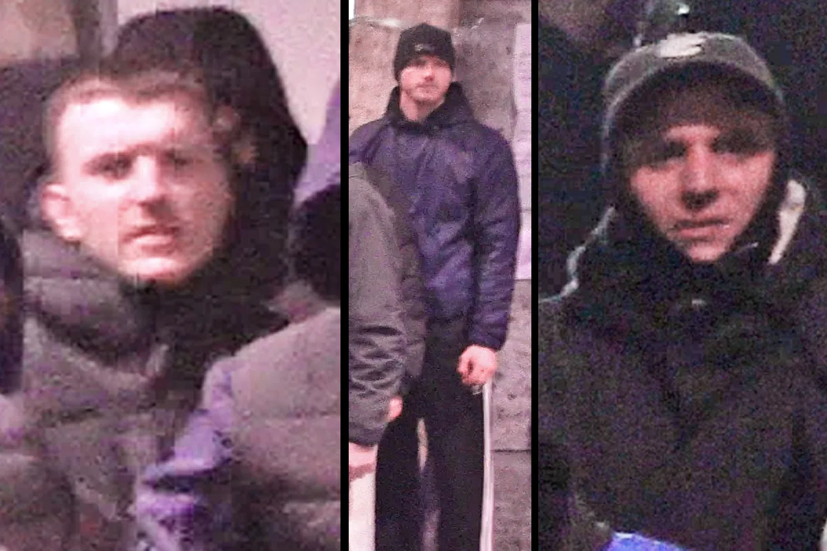 Drei unbekannte Männer sind in einer dreigeteilten Nahaufnahme zu sehen, alle tragen dunkle Winterkleidung. Gesichter sind erkennbar.