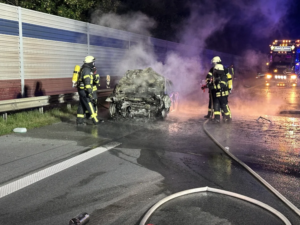 Drei Feuerwehrleute bekämpfen den Brand eines vollständig ausgebrannten Autos am Straßenrand bei Nacht.