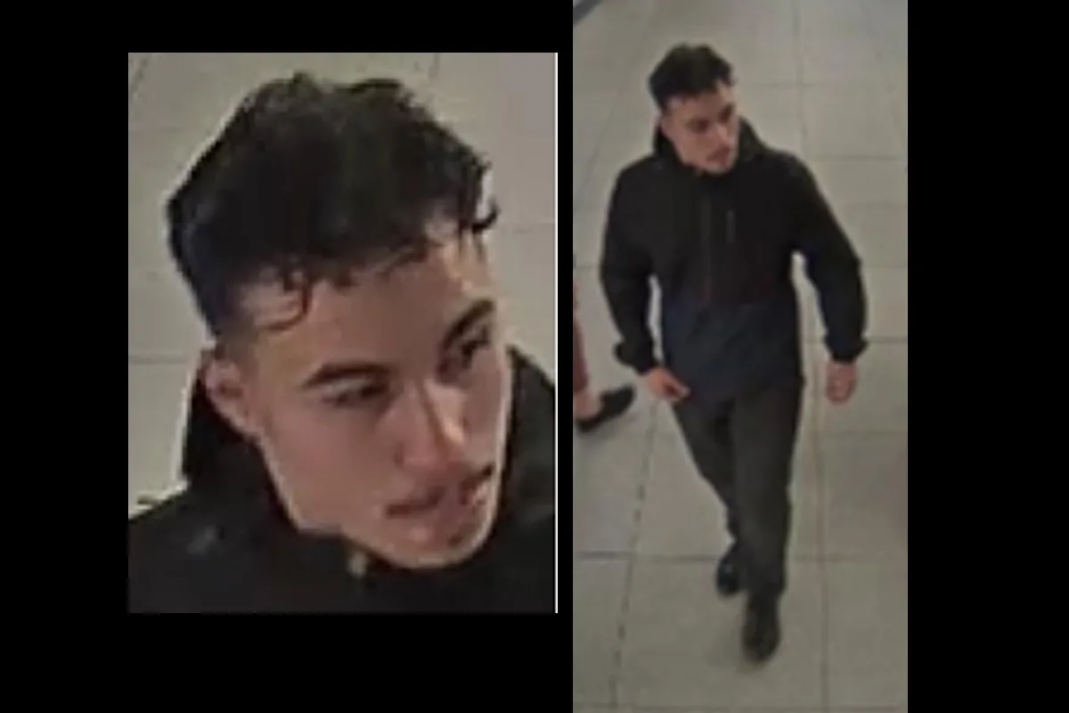 Zwei Bilder zeigen denselben Mann in dunkler Kleidung in einem hell gefliesten Innenraum, vermutlich einer U-Bahn-Station oder einem ähnlichen öffentlichen Bereich.