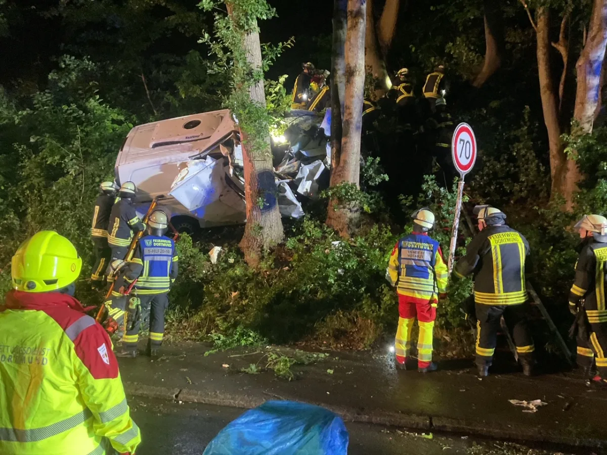 Feuerwehrleute und Rettungskräfte stehen bei einem verunglückten Transporter, der gegen einen Baum geprallt ist. Ein Verkehrsschild zeigt 70 km/h an.
