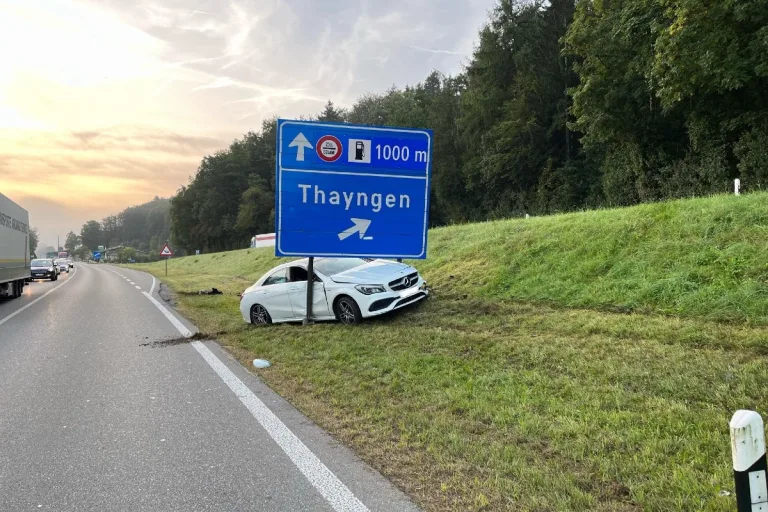 Hoher Sachschaden nach Alleinunfall auf der A4 bei Thayngen  im Kanton Schaffhausen