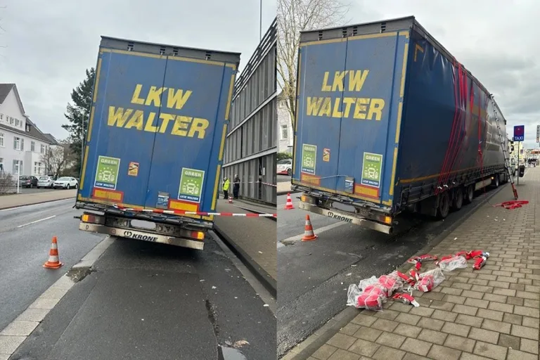 Troisdorf –  26-Tonnen-Ladung von Lkw verrutscht ungesichert
