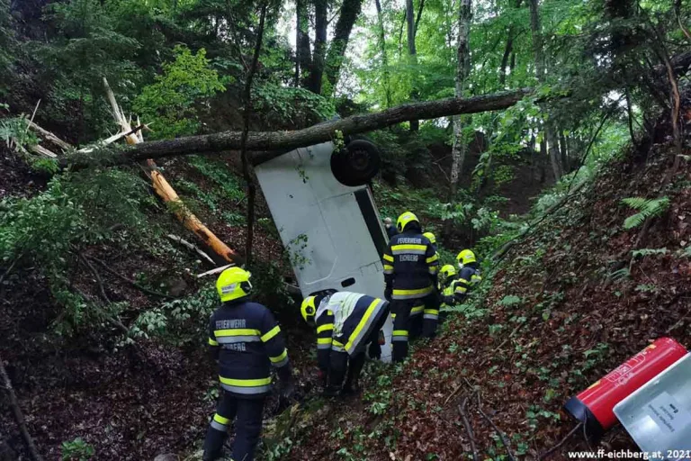 Spektakulärer Unfall in Eichberg - Lieferwagen stürzt in tiefen Waldgraben