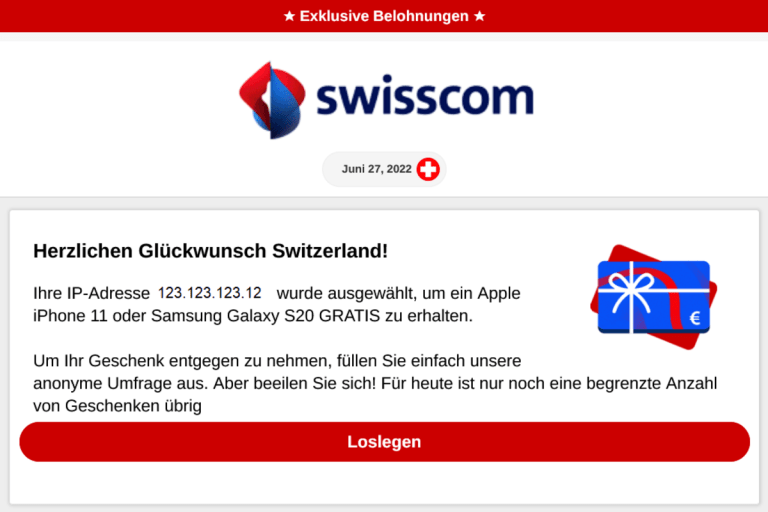 Angebliche Gewinnspiele von Swisscom - Vorsicht, das steht schweizweit ein Betrugsversuch dahinter!