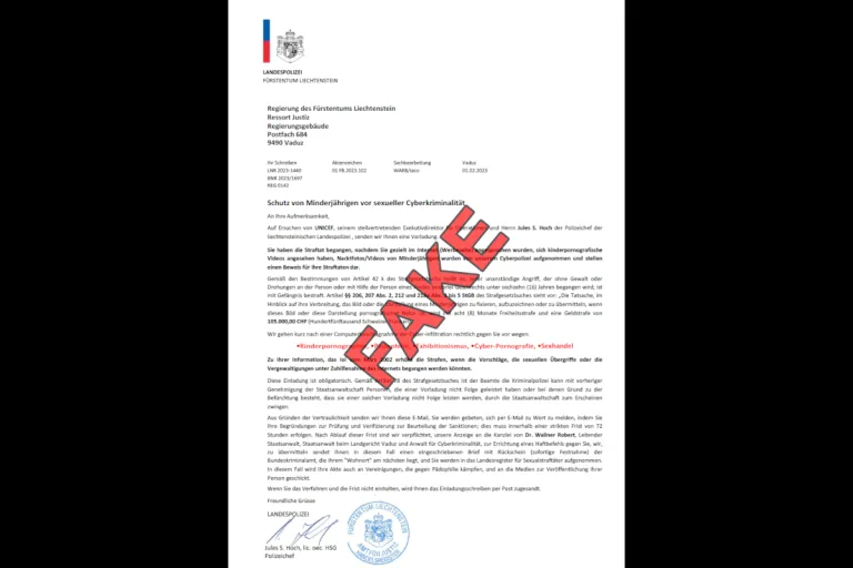Liechtenstein – Erneut Mails mit gefälschten Porno-Verdachtsschreiben der Landespolizei im Umlauf