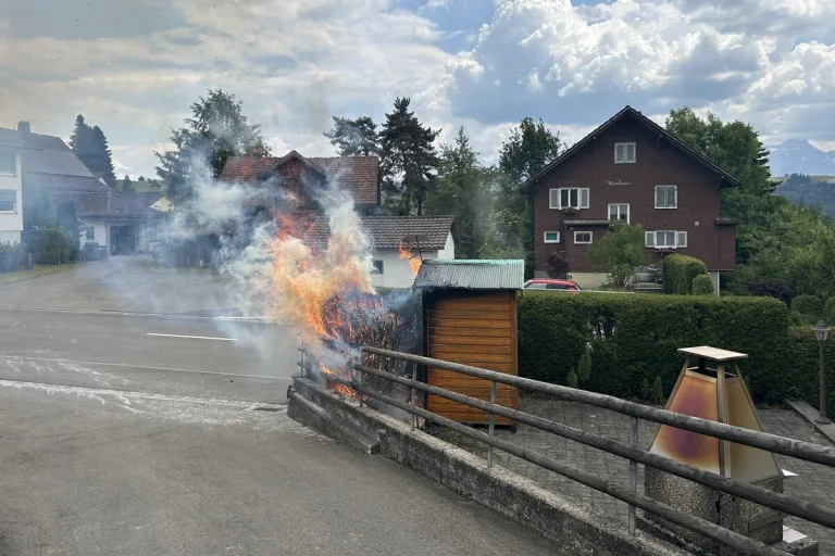 Teufen AR –  Brand einer Thujahecke greift auf Gartenhäuschen über