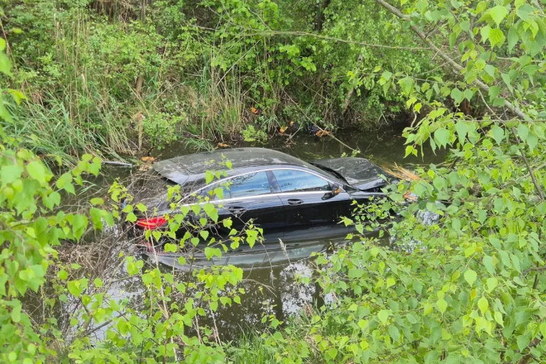 Unfall in Groißenbrunn – Auto entwurzelt Baum und stürzt in Bachbett