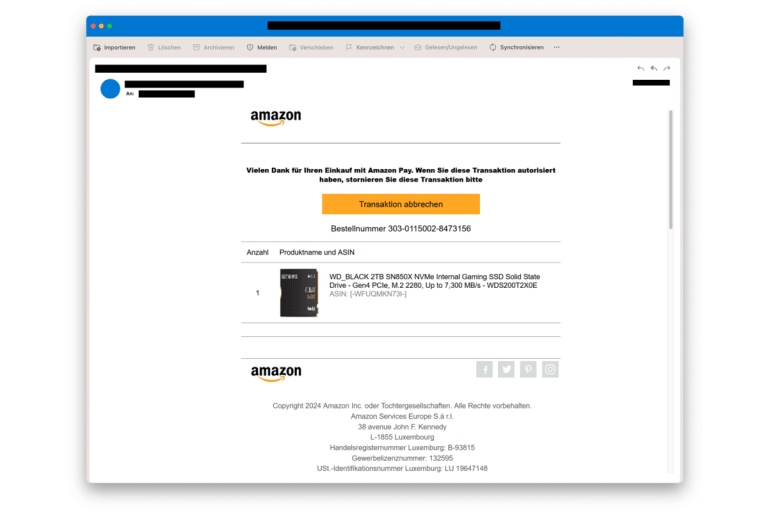 Vorsicht vor dieser vermeintlichen Amazon-Mail
