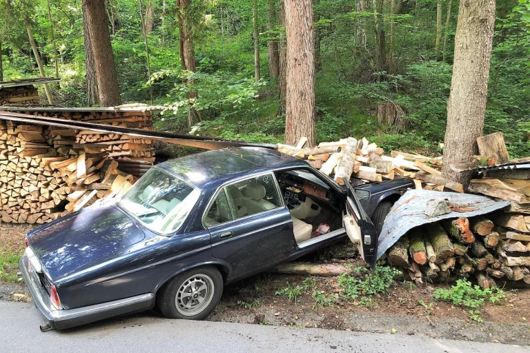 Näfels GL - Jaguar gerät nach Kollision in Holzbeige
