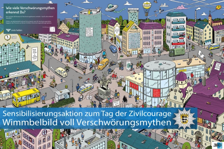 Werbung für Zivilcourage - Ein Wimmelbild voll Verschwörungsmythen 