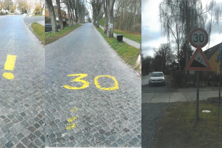 Grimmen - Tempolimit 30 Km/h - Unbekannte bemalen Bäume und Straße