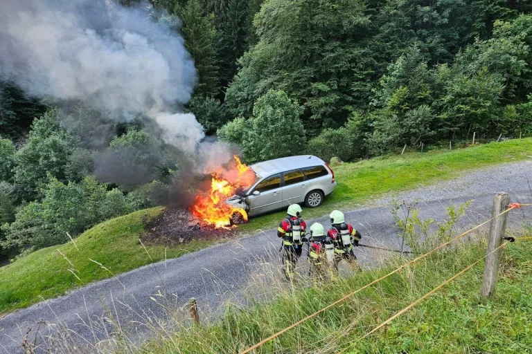 Studen SZ - Geparktes Auto in Brand geraten 