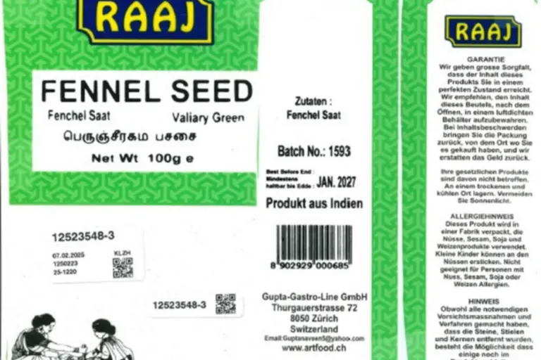 Rückruf – Chlorpyrifos im Produkt «Fenchel Saat» der Marke Raaj nachgewiesen