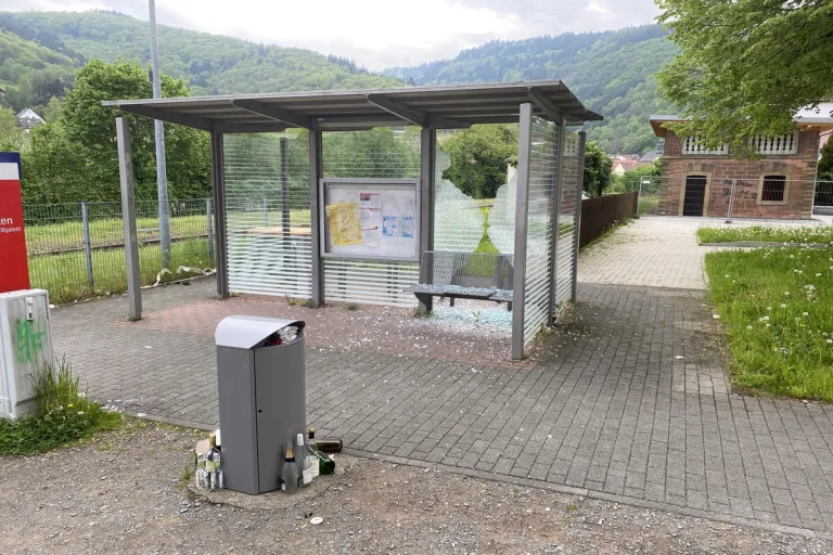 Wolfstein - Scheibe eines Fahrgastunterstandes beschädigt