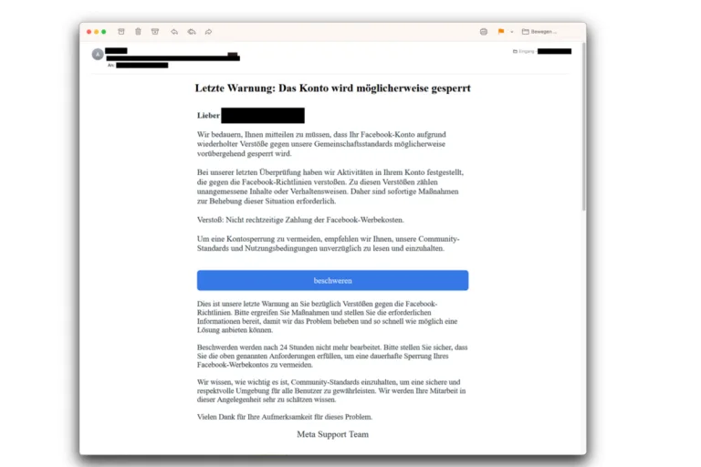 Betrügerische Warnung im Namen von Facebook