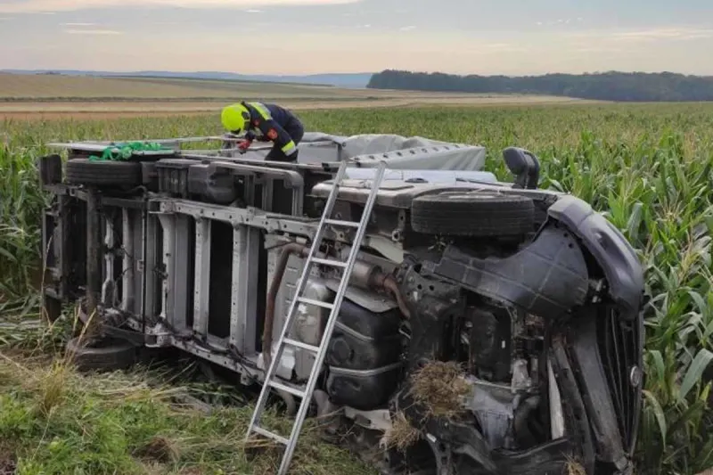 Großwetzdorf - Lkw liegt nach Crash mit Baum im Maisfeld