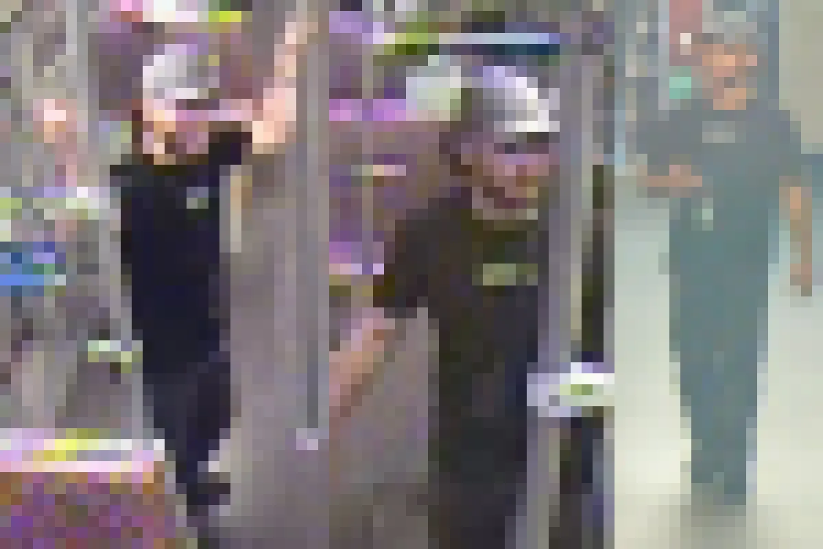 Drei zusammengesetzte Überwachungsbilder zeigen eine Person, die eine Kappe trägt und in einem öffentlichen Verkehrsmittel steht.