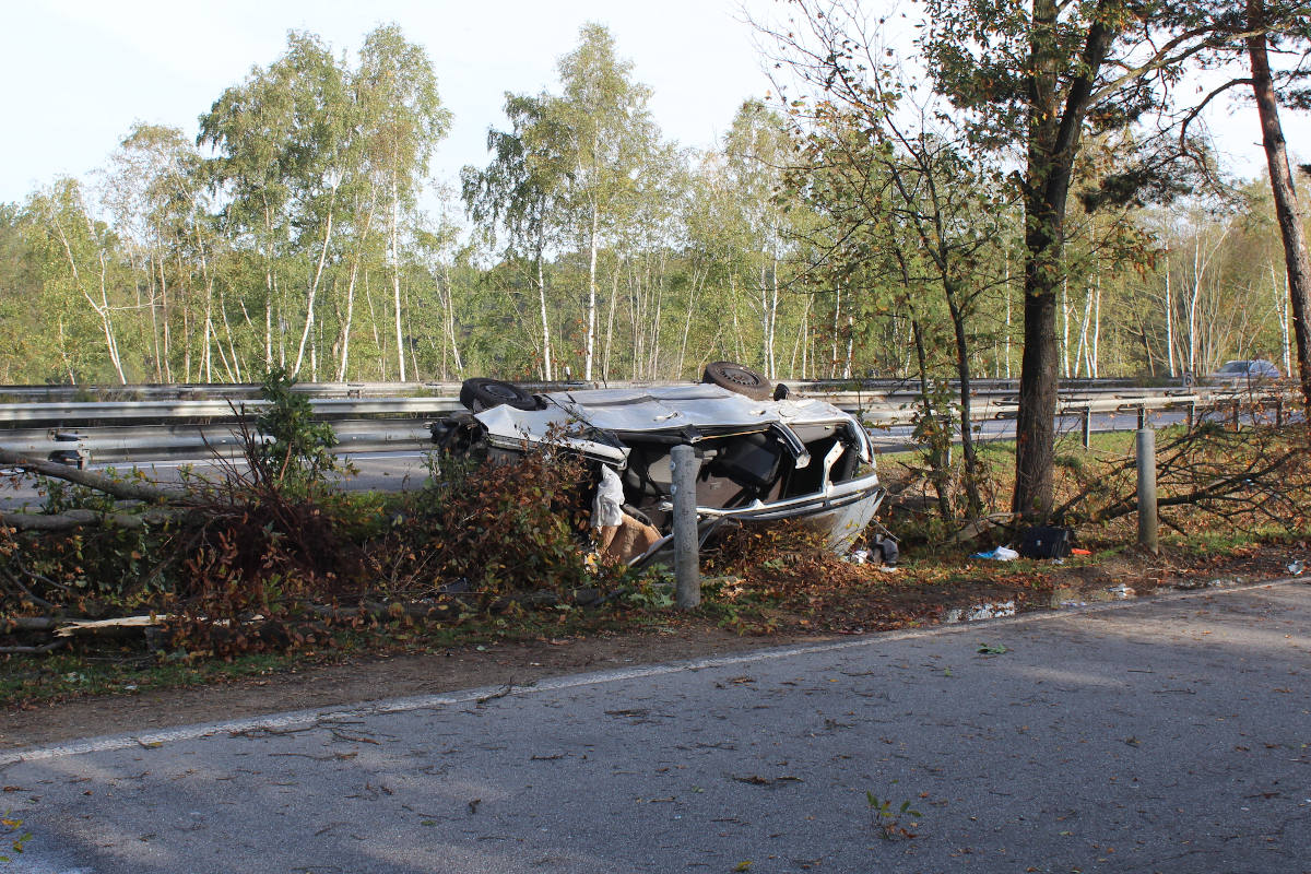 Auf der Fahrerseite, zwischen Bäumen eingeklemmt, kam das Fahrzeug zum Liegen.