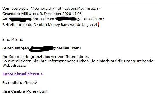 Phishing Email - Ihr Konto Cembra Money Bank wurde begrenzt