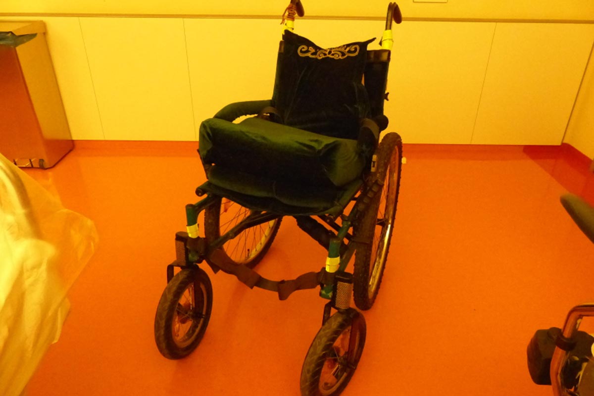 Wer hat den selbst gebauten und mit grünem Samtstoff bezogenen Rollstuhl schon einmal gesehen?