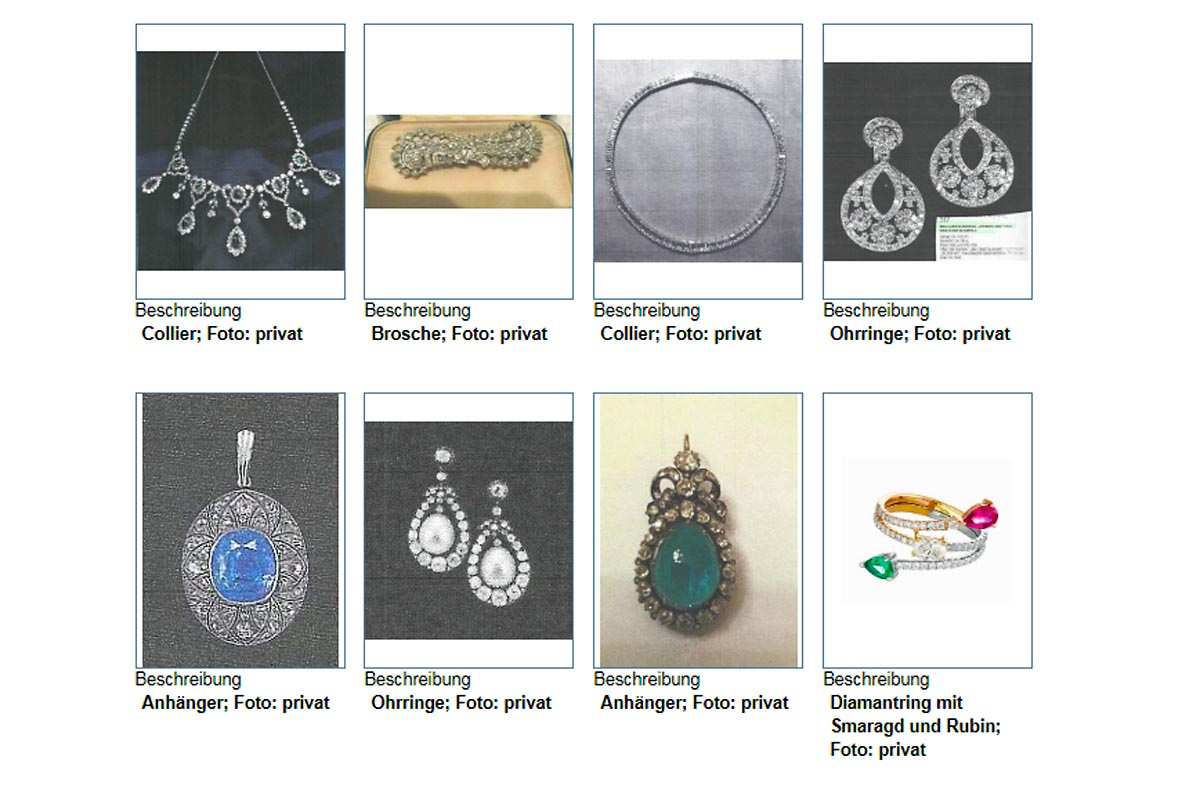 Personen, welche die abgebildeten Schmuckstücke wiedererkennen  werden ersucht sich an das Landeskriminalamt Wien