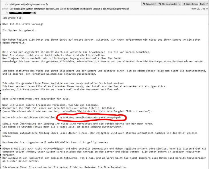 Warnung - Seit einer Woche läuft eine Erpresser Mail Welle