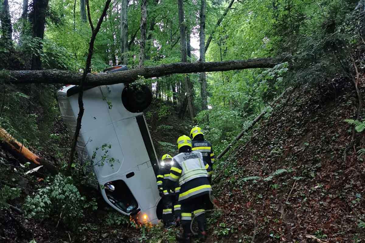 Lieferwagen stürzt in tiefen Waldgraben in Eichberg