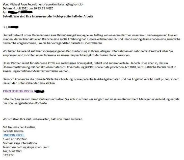 Warnung vor Trojaner - Jobangebot im Namen von Michale Page