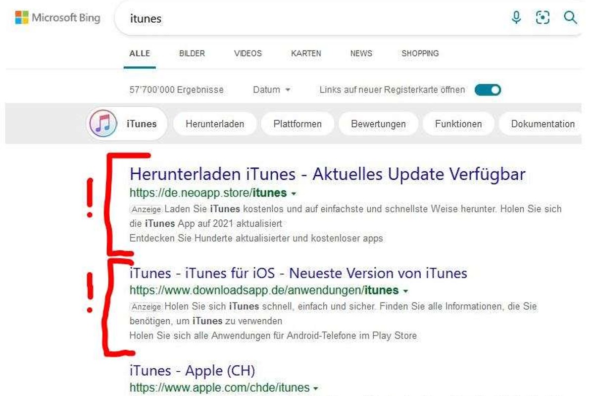 Werbe Phishing - Suchmaschine Bing mit Stichwort "iTunes" betroffen - Betrüger lauern IOS Nutzern auf