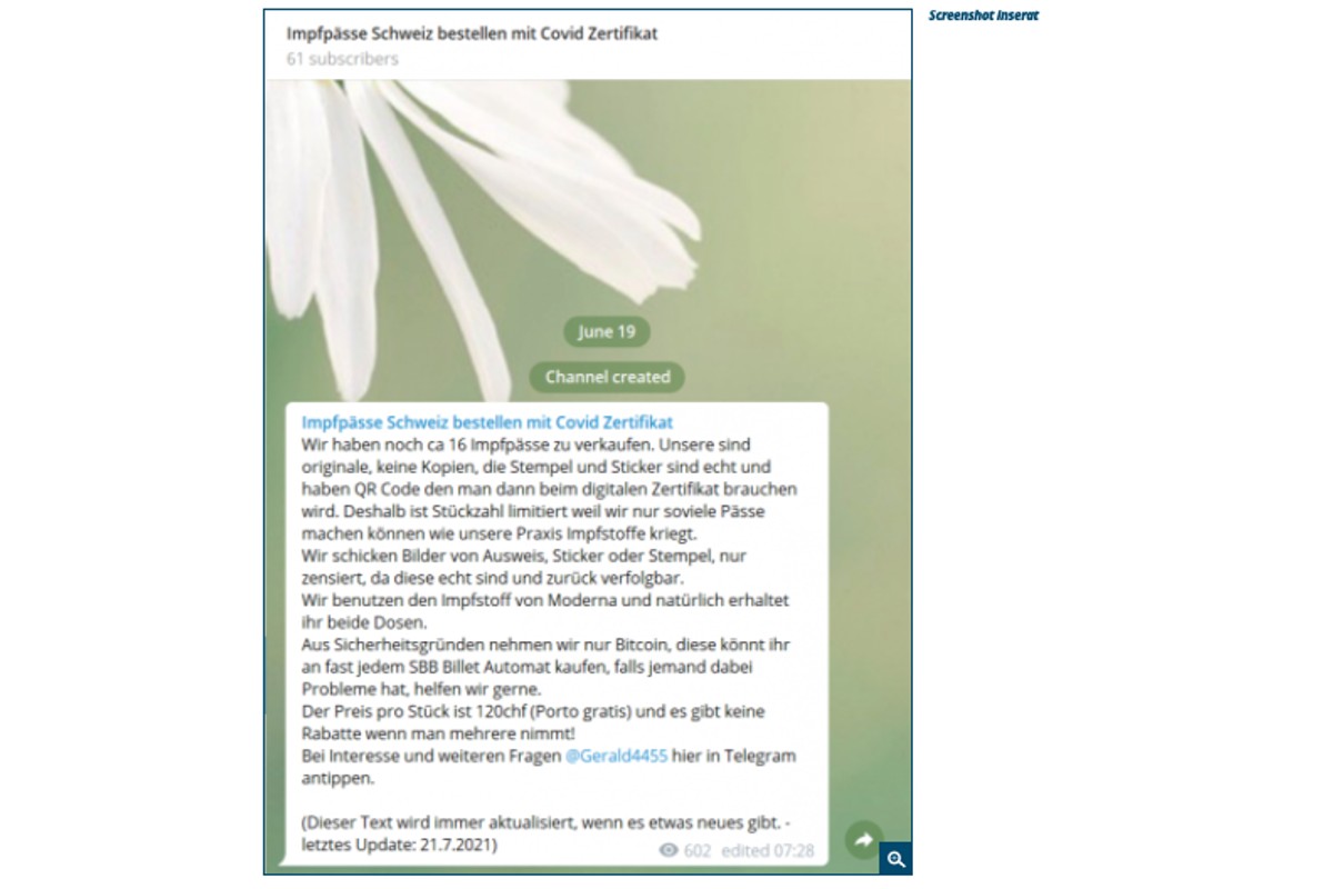 Warnung - Betrüger bieten "echte" Covid Zertifikate auf Telegram an - liefern aber nicht!