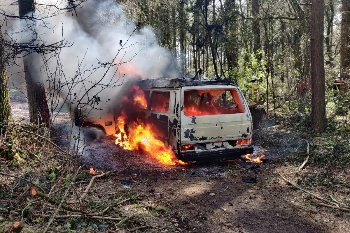Stade-Haddorf - VW-Bus steht plötzlich in Flammen - Feuerwehr kann Übergreifen auf Wald verhindern