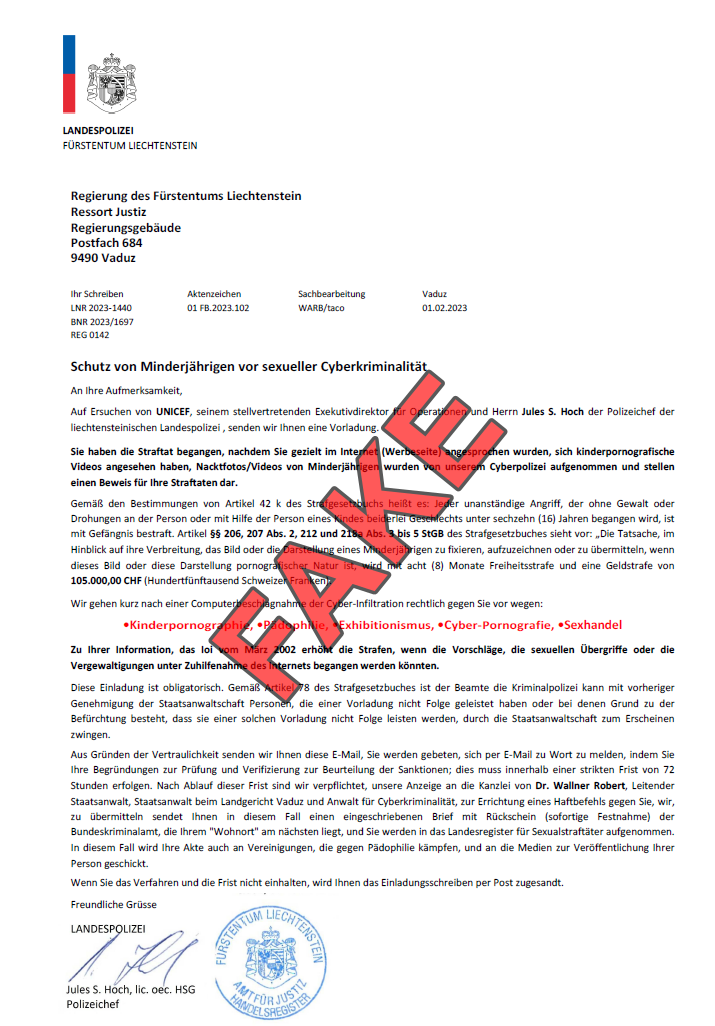 Liechtenstein – Erneut Mails mit gefälschten Porno-Verdachtsschreiben der Landespolizei im Umlauf