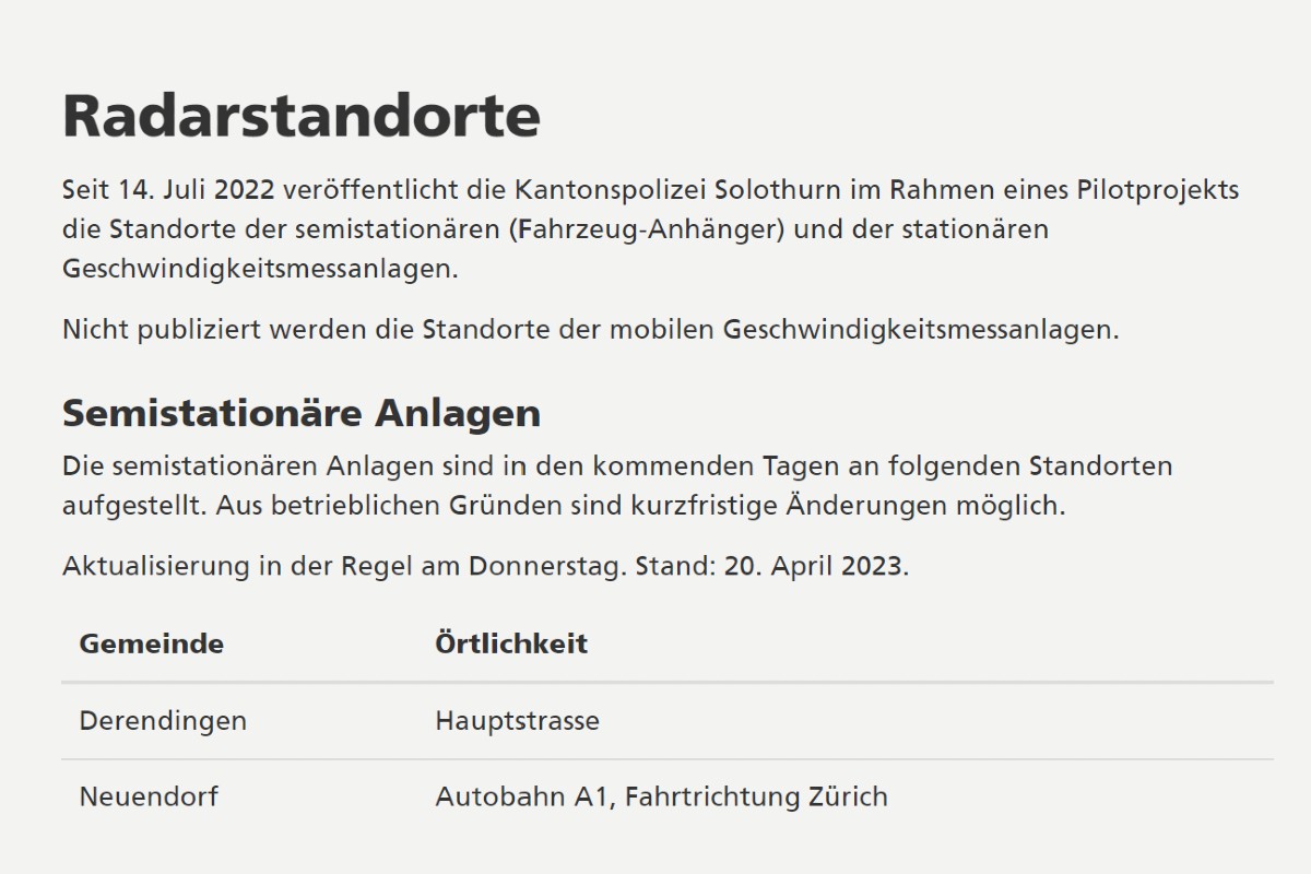 Radar und Geschwindigkeitskontrollen im Kanton Solothurn - Das ist aktuelle Liste