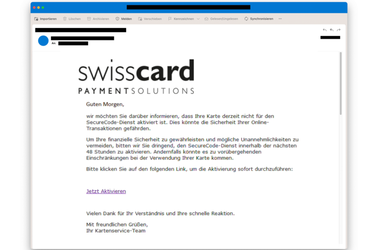 Cybercrime - Gefälschte Support-Mails im vermeintlichen Namen von Swisscard