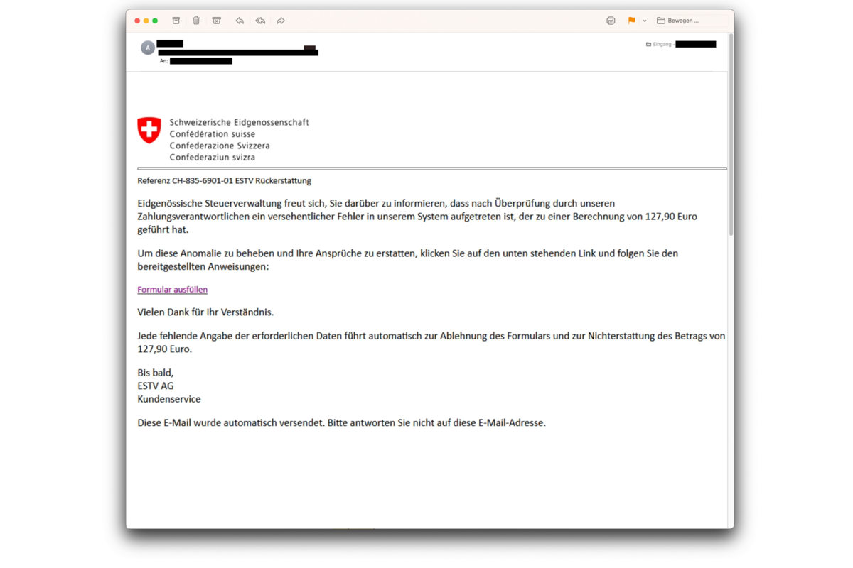 Cybercrime - Betrügerische Mails von der angeblichen Eidgenössischen Steuerverwaltung