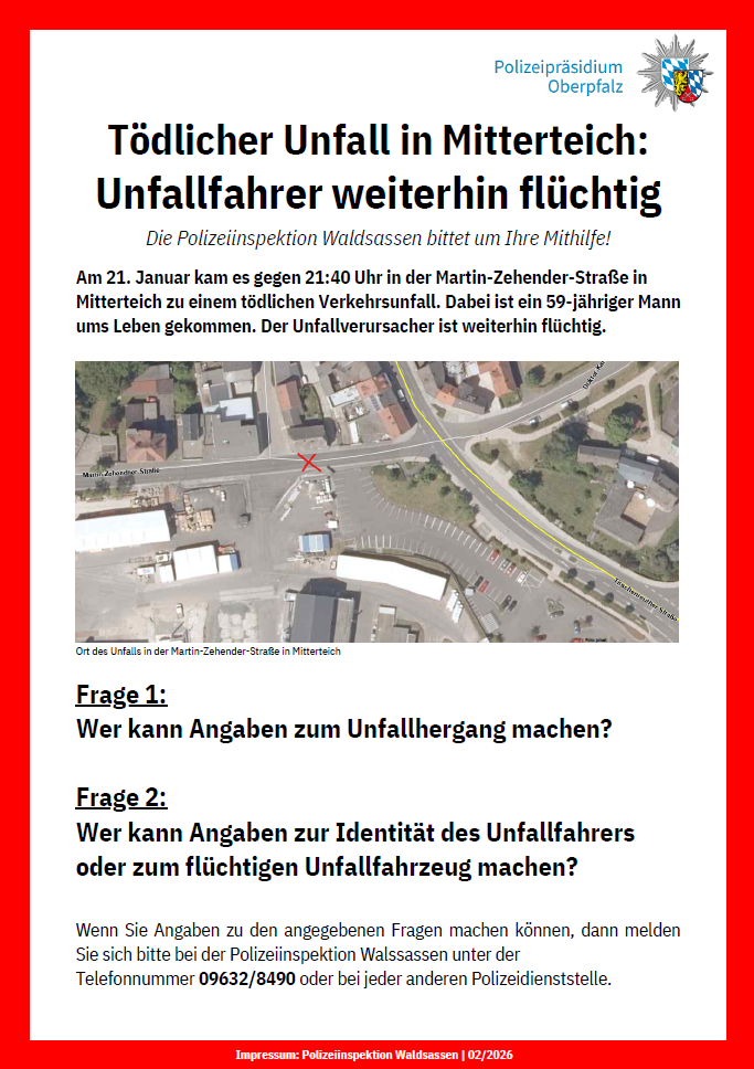 Mitterteich – Fahrer flüchtet nach tödlichem Unfall mit Fußgänger