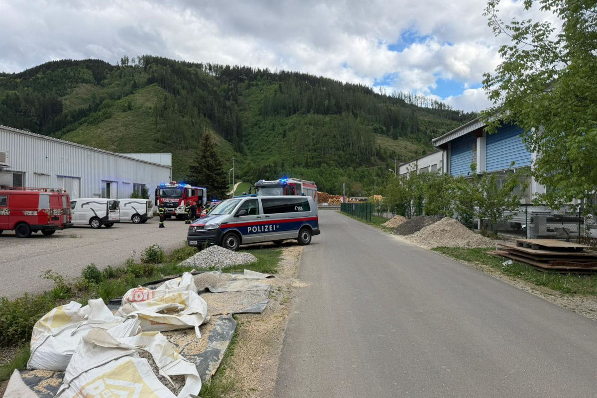 Ein Polizeifahrzeug steht auf einer ländlichen Straße, umgeben von mehreren Feuerwehrfahrzeugen. Der Himmel ist bewölkt, und im Hintergrund sind grüne Hügel zu sehen.