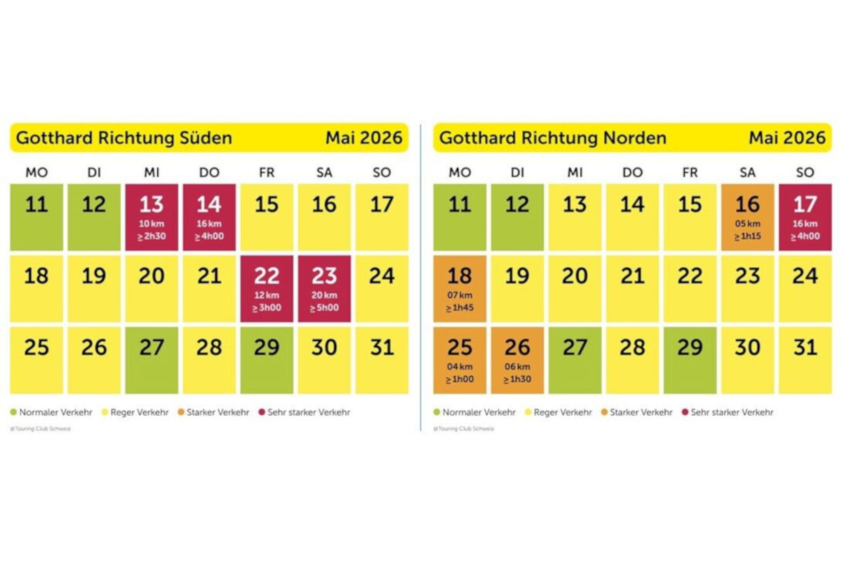 Der Kalender zeigt Verkehrsvorhersagen für den Gotthard in Richtung Süden und Norden im Mai 2026 an. Farben markieren verschiedene Verkehrsdichten.