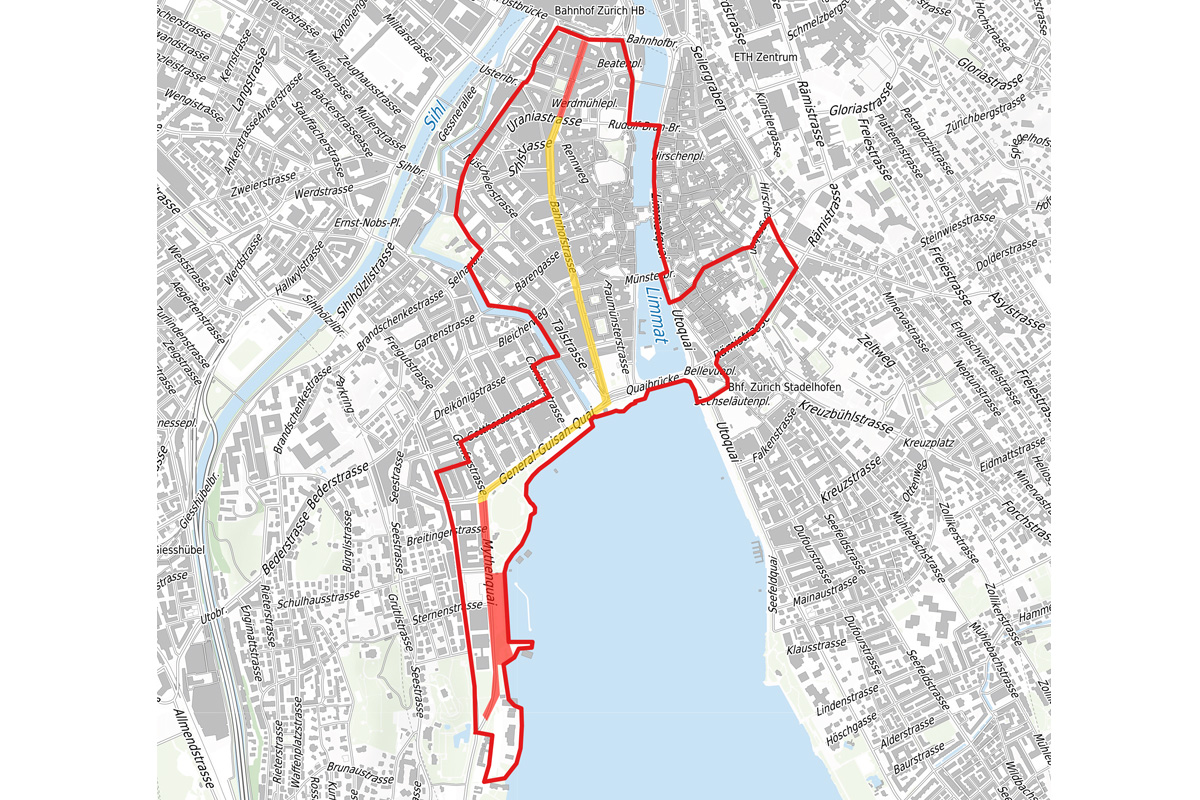 Der rot markierte Bereich auf der Karte zeigt die Sperrzone der Zurich Pride 2026.
