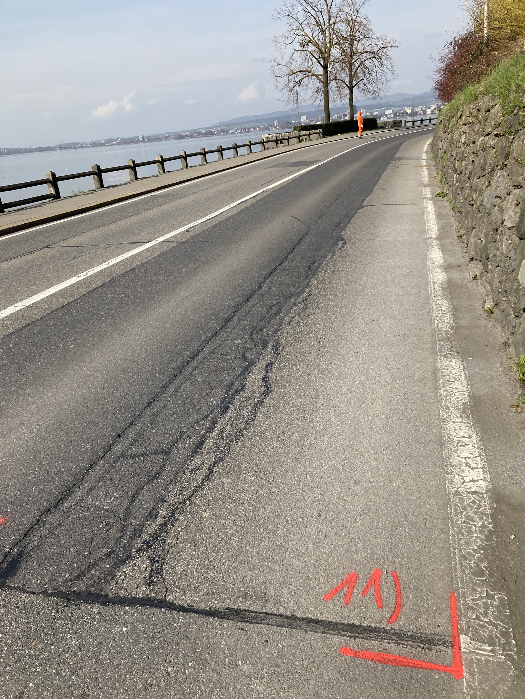 Straßenabschnitt mit roten Markierungen und Arbeiter in Orange am Seeufer.
