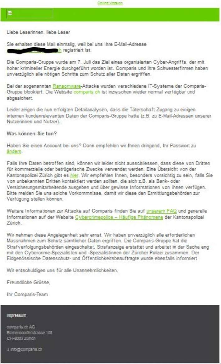 Screenshot Kunden E-Mail von Comparis