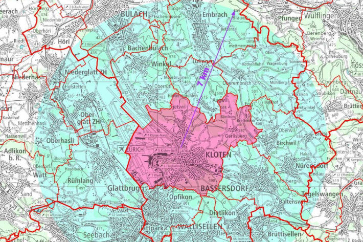 Im Befallsherd (rot, Gebiet der Stadt Kloten) und der Pufferzone wurden Massnahmen zur Tilgung des Japankäfers verfügt.