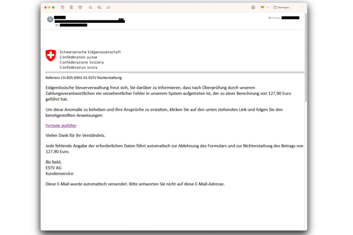 Screenshot E-Mail «Rückerstattung Steuerverwaltung»