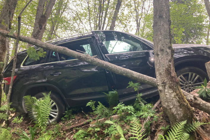 Abhang hinunter gerutscht und mit Baum kollidiert