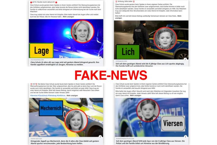 Beispiele der Falschnachrichten über die Entführung der 8-jährigen Clara.