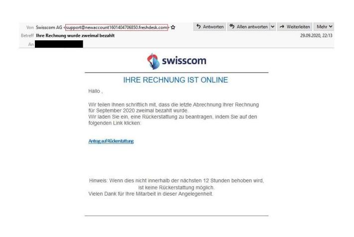 Screenshot der E-Mail der angeblichen Swisscom (Schweiz) AG