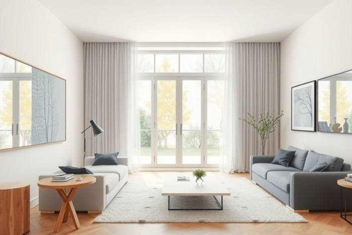 Dekorative Elemente wie Poster ergänzen das Gesamtbild und schaffen ein ausgewogenes, stilvolles Ambiente.