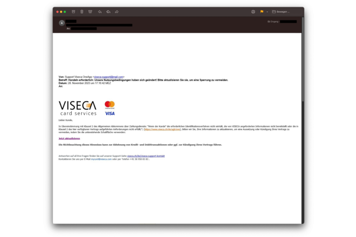 Der Anzeigename wurde auf «Support Viseca OneApp» festgelegt. Mit dem Benutzernamen «viseca-support» wird vorgetäuscht, dass die Phishing-Mail von Viseca stammt. Anhand der E-Mail-Domain «@mail.de» erkennt man, dass die Nachricht nicht von Viseca stammt.